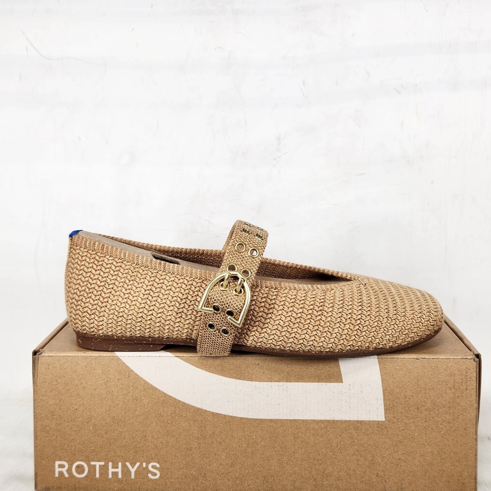 Rothy's The Max Buckle Mary Jane Women Size 7 Tan Woven Square Toe Flat